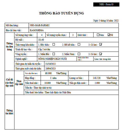 đơn hàng nông nghiệp Nhật Bản